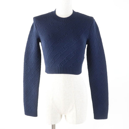 Fendi 2022 Fzx831 FF Logo Crewneck Cropped Long Sleeve Knit Navy 40