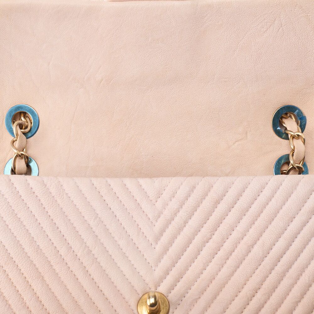 Chanel Shoulder Bag Calfskin V-stitched Beige Turnlock Single Flap With Gold