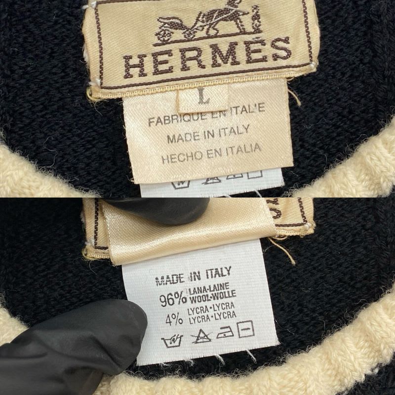 Hermes Wool Lycra Sweater Rib Knit Crew Neck Long Sleeve L Size Men's