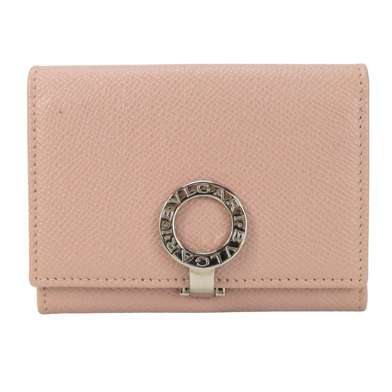 Bulgari Card Case Leather Pink Beige Silver Hardware Clip Small Item