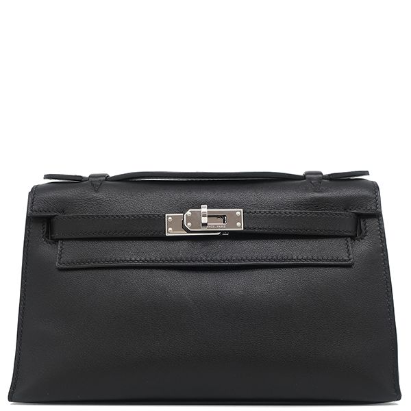 Hermes Handbag Pochette Kelly Evergrain Black Silver Hardware Black Mini Bag L
