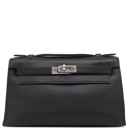 Hermes Handbag Pochette Kelly Evergrain Black Silver Hardware Black Mini Bag L