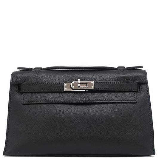 Hermes Handbag Pochette Kelly Evergrain Black Silver Hardware Black Mini Bag L