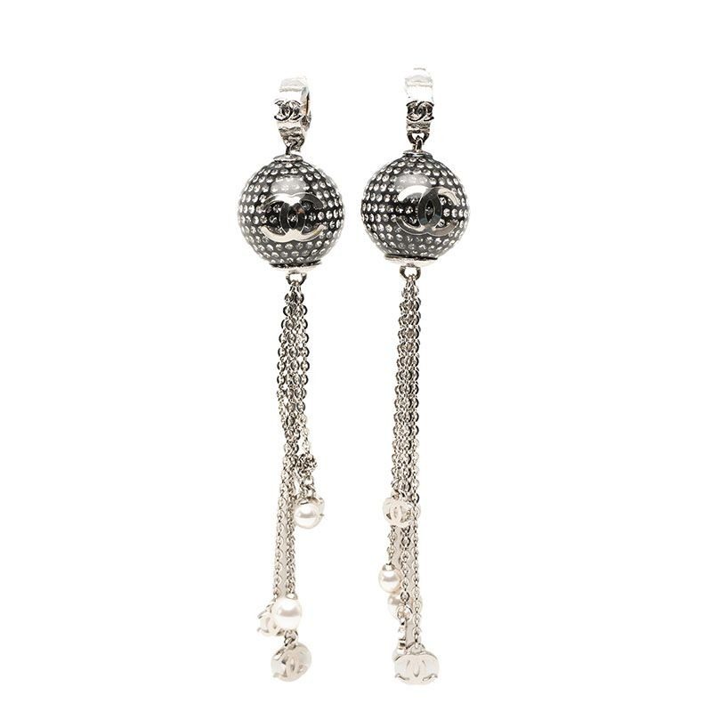Chanel CC Logo Mirror Ball Earrings Silver Metal Faux Pearl Line Stone