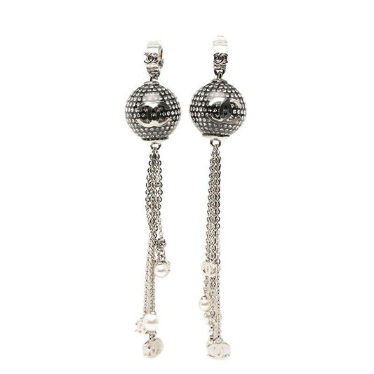 Chanel CC Logo Mirror Ball Earrings Silver Metal Faux Pearl Line Stone