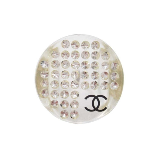 Chanel Vintage Line Stone CC Logo Clear Round Ring Transparent