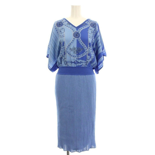 Hermes Knit Dress Short Sleeve Long Silk 36 Blue Sweater