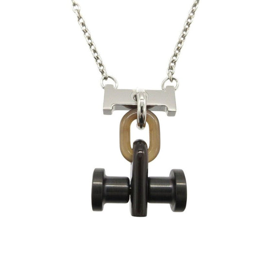 Hermes Mobile H Necklace Metal Buffalo Horn Silver Brown 0372