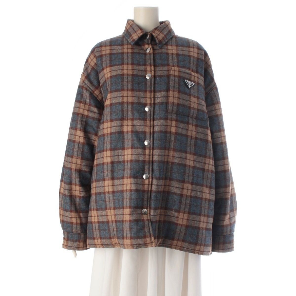 Prada Wool Triangle Logo Check Padded Jacket Brown Blue 42