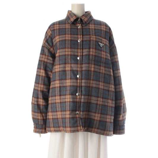 Prada Wool Triangle Logo Check Padded Jacket Brown Blue 42