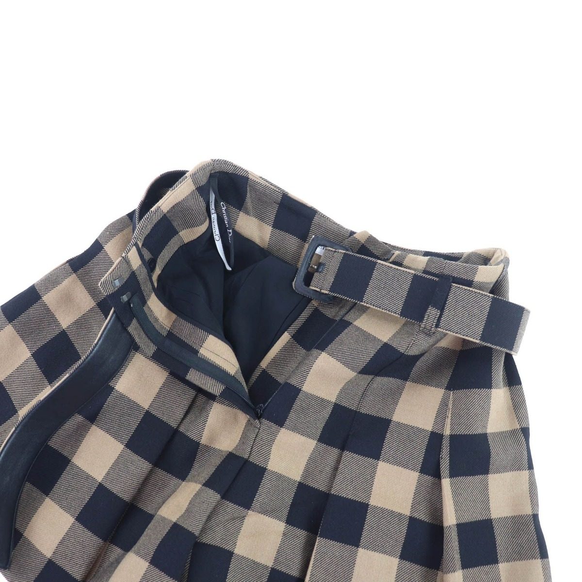 Dior Wool Block Check Pattern Culotte Skirt with Belt Brown 42 — view 3