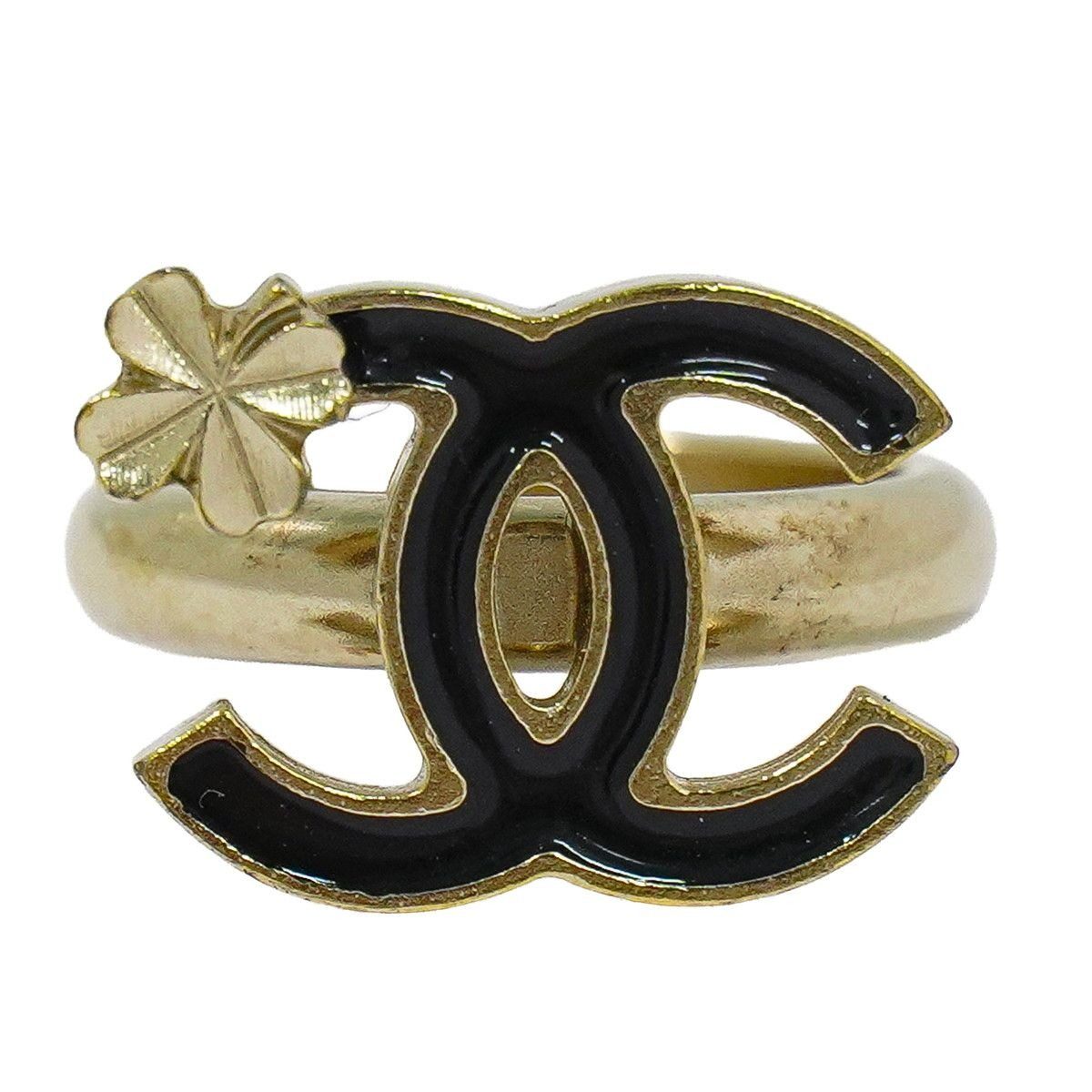 Chanel CC Logo Clover Ring Gold Plated Black
