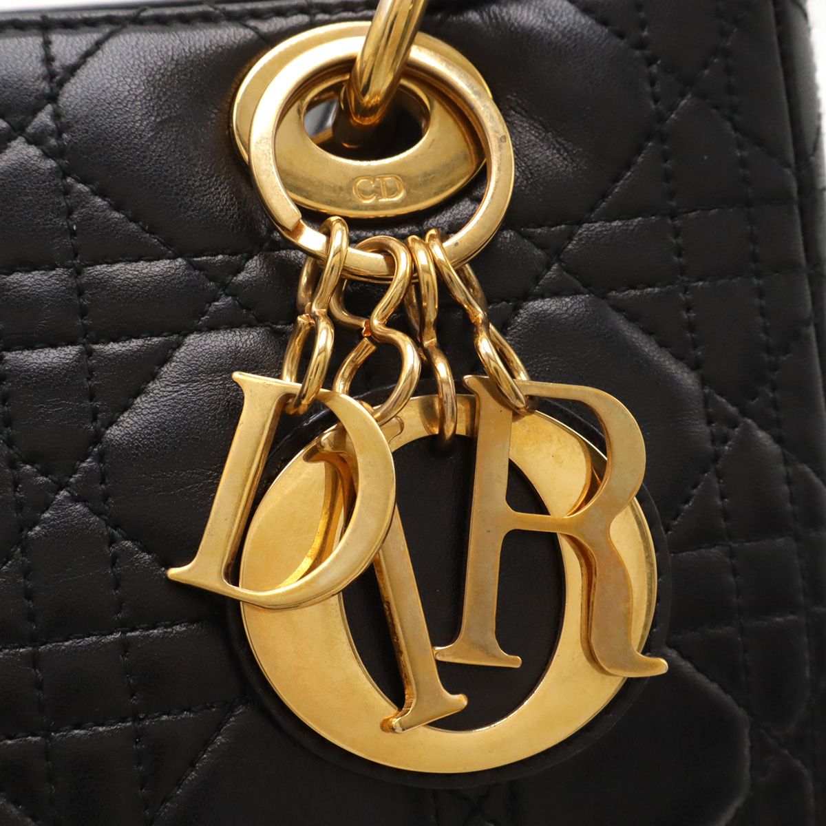 Christian DIOR Lady Dior Cannage Handbag Tote Bag Lambskin Leather Black Black