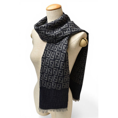 Fendi Scarf Winter Reversible Wool 100% FF Logo Zucca Pattern Black Gray — view 2