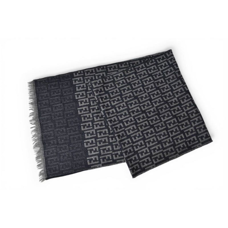 Fendi Scarf Winter Reversible Wool 100% FF Logo Zucca Pattern Black Gray