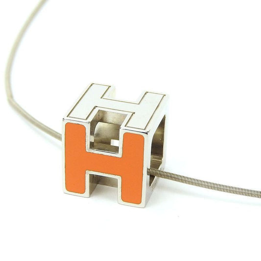 Hermes Necklace Caged Ash H Cube Orange Silver Plated Pendant Accessory Small