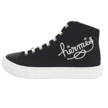 Hermes Iriko High Cut Sneakers Canvas Leather Black White Size 38