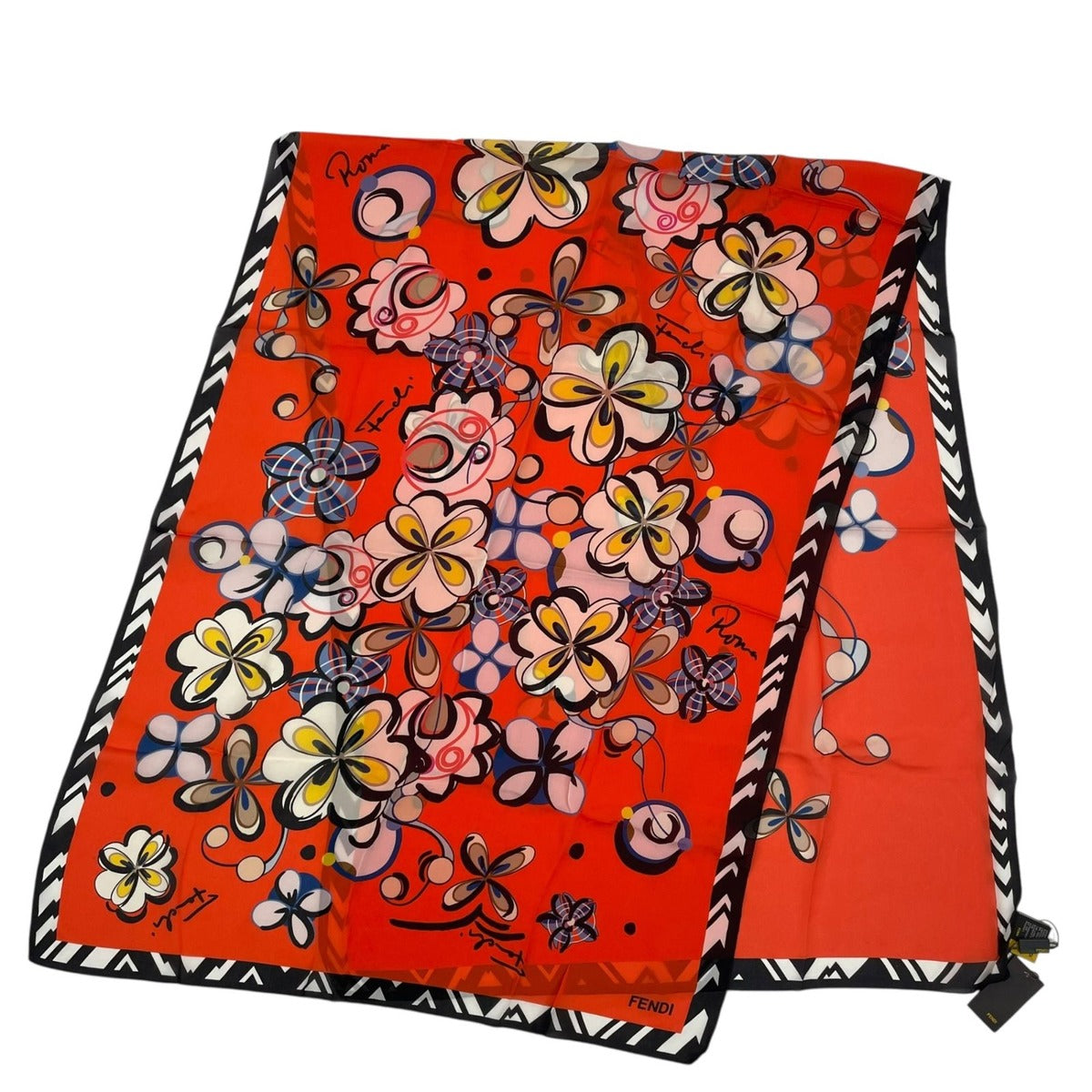 Fendi Twilly Scarf Silk Floral Pattern Orange