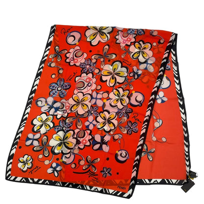 Fendi Twilly Scarf Silk Floral Pattern Orange