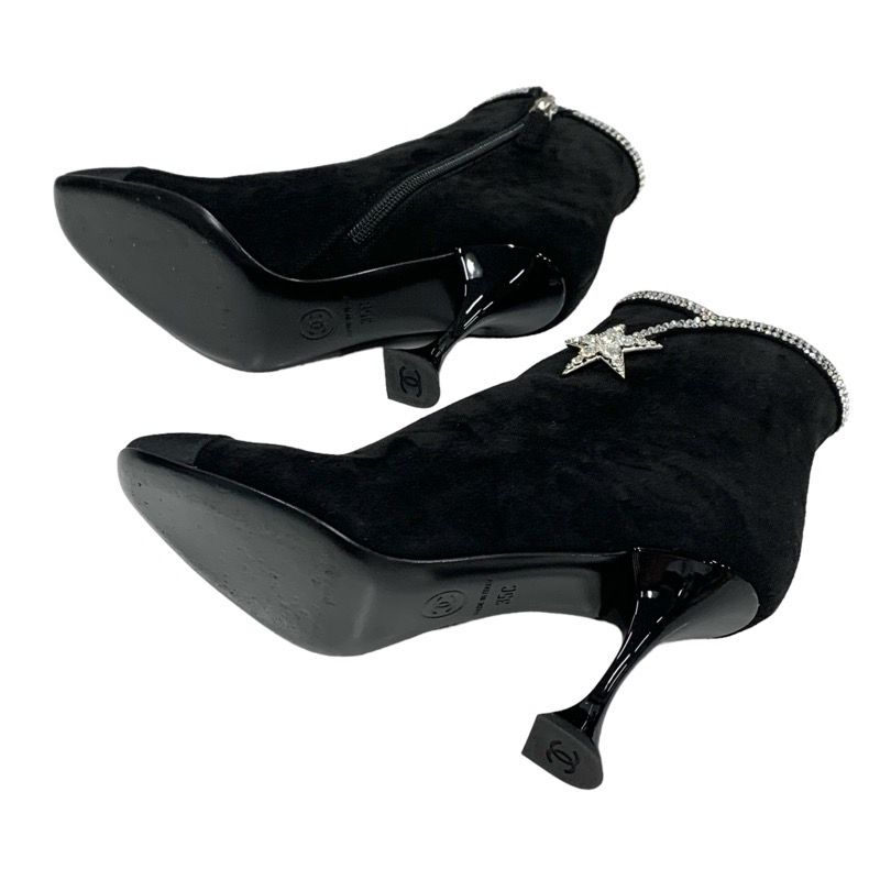Chanel Boots Short Boots Shoes Suede Fabric Black Rhinestone Star