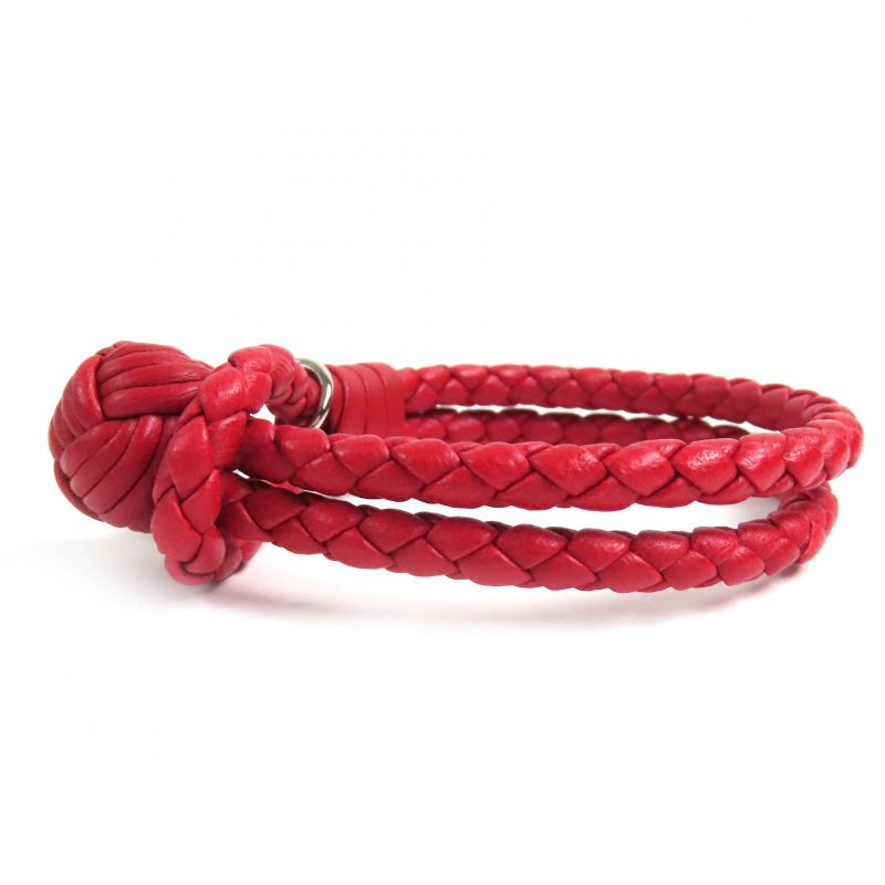 Bottega Veneta Intrecciato Leather Bracelet With Logo Charm Red Silver Hardware