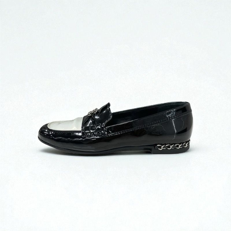 Chanel Loafers Leather Shoes Patent Black White Silver Here Mark Chain Flat