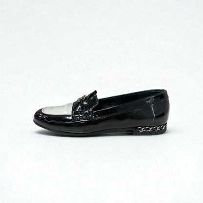 Chanel Loafers Leather Shoes Patent Black White Silver Here Mark Chain Flat