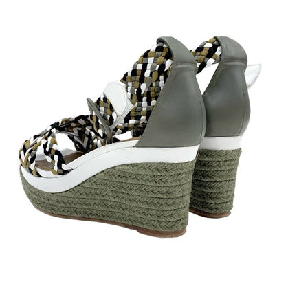 Hermes Sandals Shoes Leather Suede Khaki White Black Braided Wedge Sole