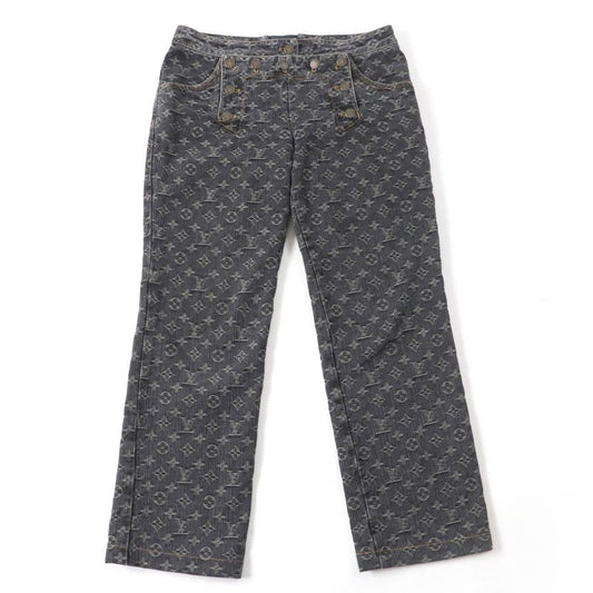 Louis Vuitton 100% Cotton Monogram Denim Pants With Logo Button Indigo Black 38