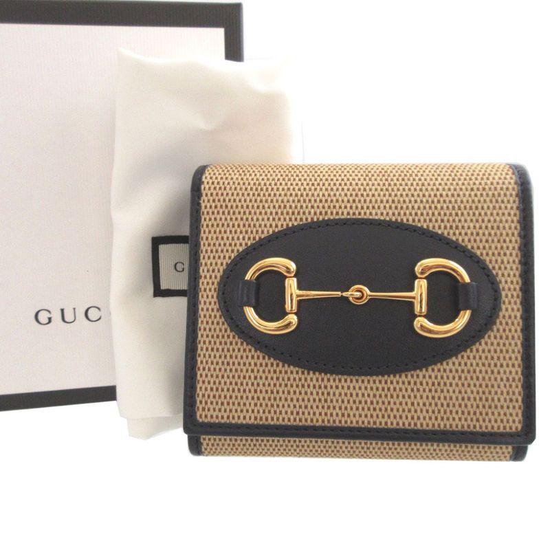 Gucci 621891 Horsebit 1955 Compact Wallet Canvas Leather Beige Navy Blue Bifold