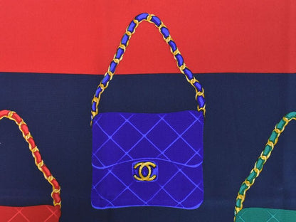 Authentic Chanel Bag Motif Scarf Shawl Bandana Silk Red Navy Multicolor