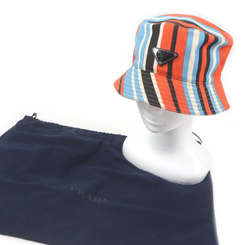 Prada 2hc137 Stripe Triangle Logo Triangle Plate Bucket Hat Orange Multicolor