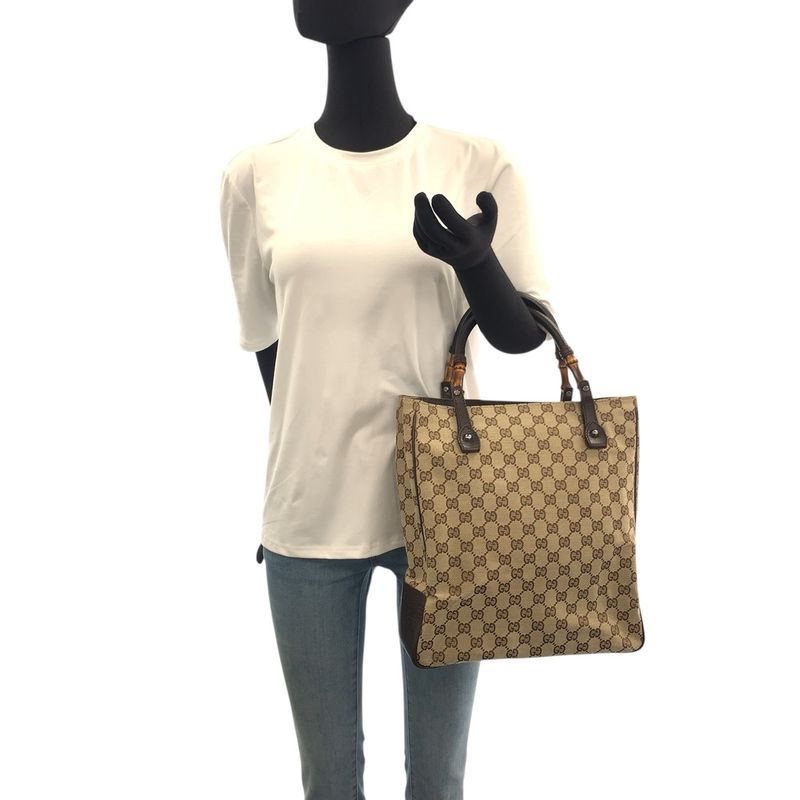 Gucci Bamboo Beige Brown Silver Hardware GG Canvas 112530 Tote Bag Handbag