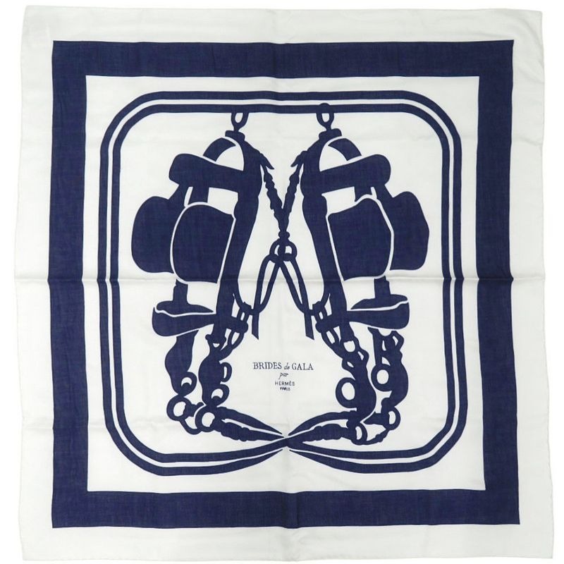 Hermes Carre 90 Brides De Gala Tattoo Cotton Silk Polyester White Navy