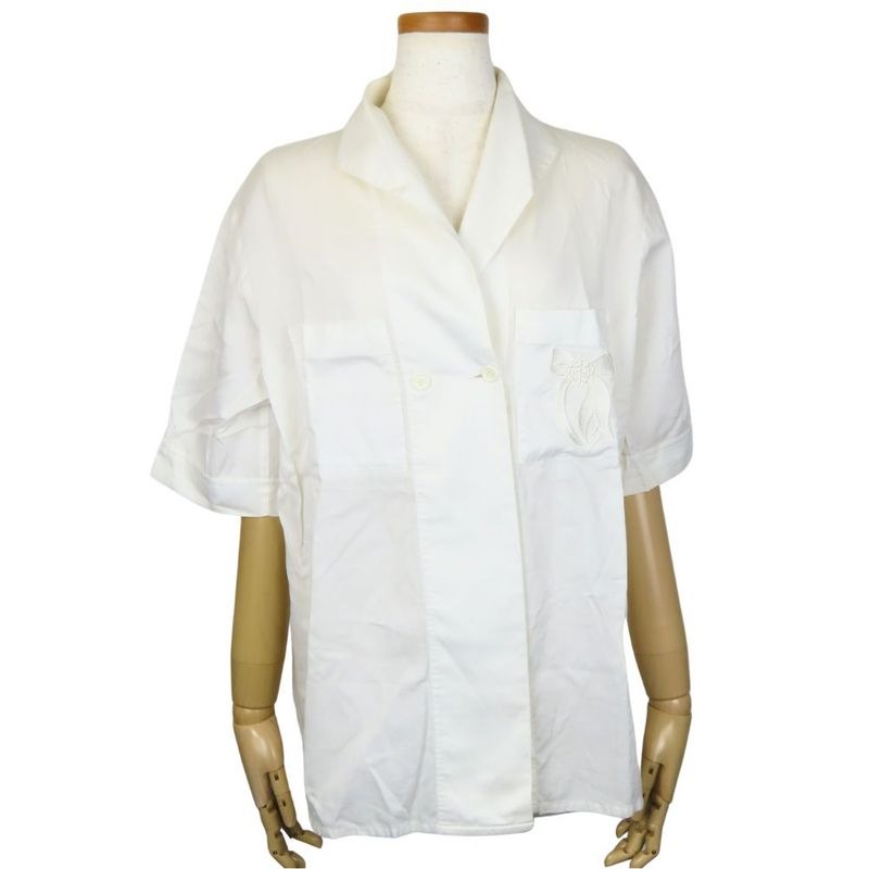 Christian Dior Short Sleeve Shirt L Cotton Rayon White Ribbon Embroidery Top