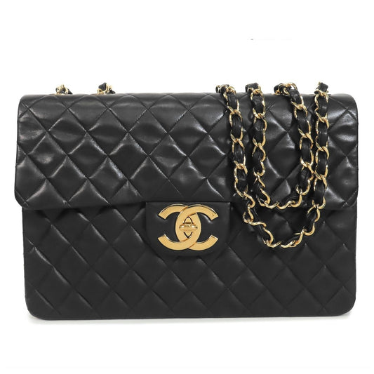 Chanel Chain Black Gold Lambskin Maxi Quilted 34 Shoulder Bag Vintage