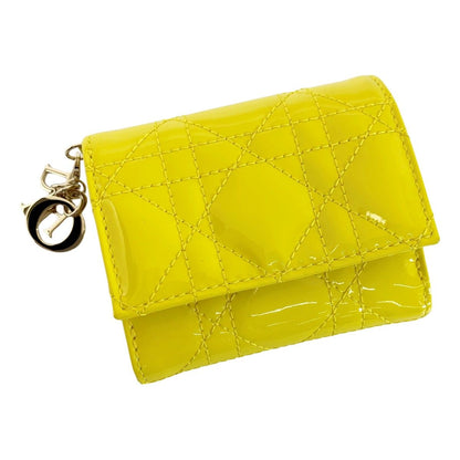 Christian Dior Patent Leather Cannage Charm Yellow Trifold Wallet