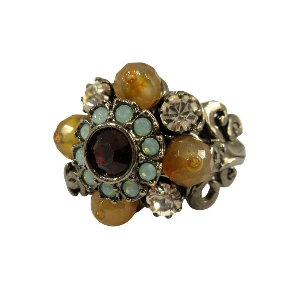 Chanel Flower Line Stone Ring CC Logo Visual Vintage Gunmetal