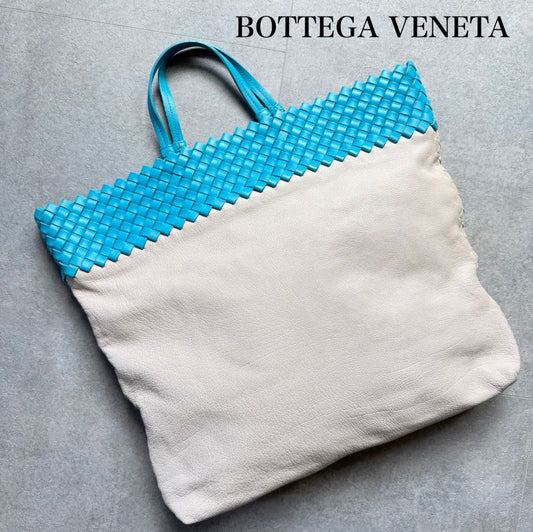 Bottega Veneta Intrecciato Leather Tote Handbag Bicolor Light Blue Ivory A4