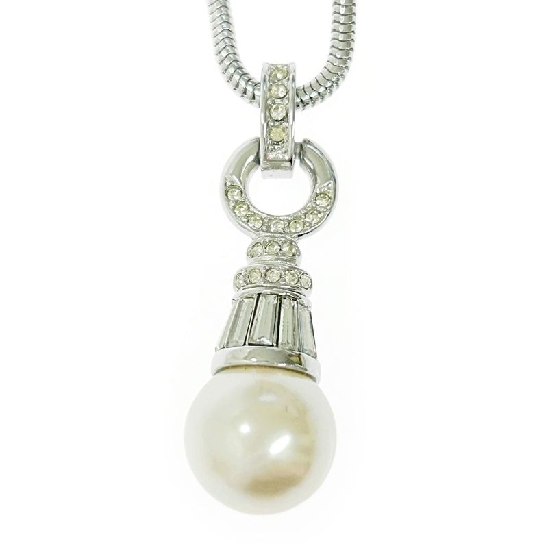 Christian Dior Metal Rhinestone Pearl Necklace Women Silver 322750 Necklace