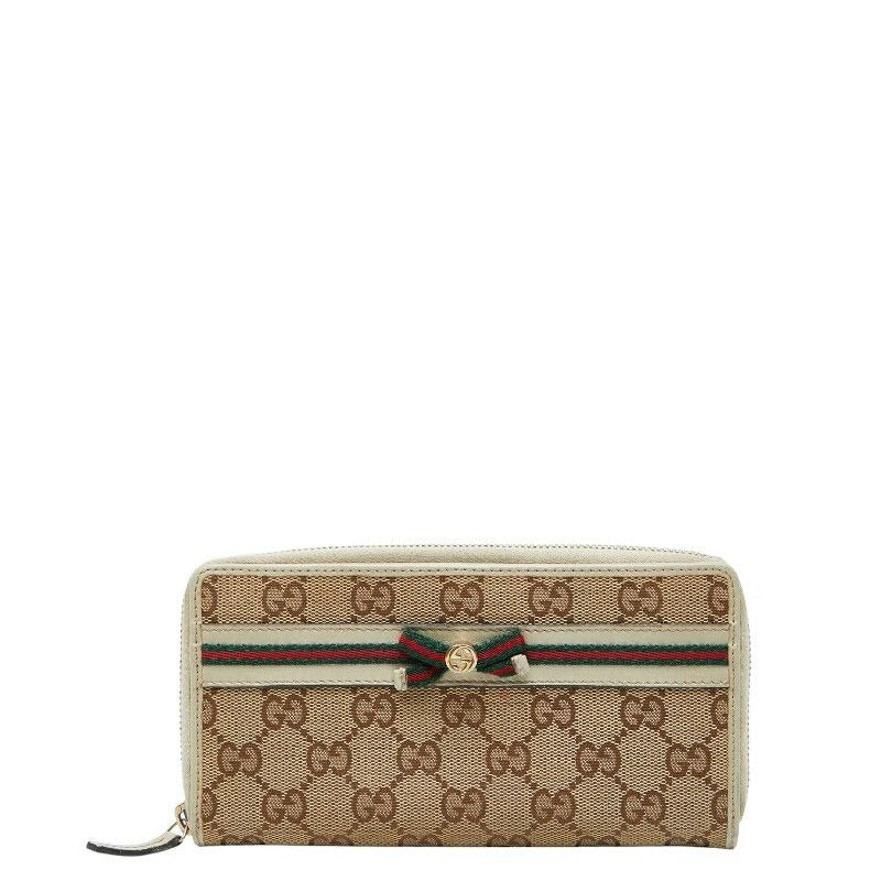 Gucci GG Campus Sherry Line Ribbon Round Zipper Long Wallet Beige