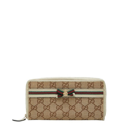 Gucci GG Campus Sherry Line Ribbon Round Zipper Long Wallet Beige