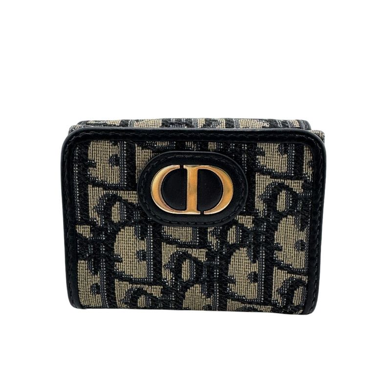 Christian DIOR Logo Plate Trotter Trifold Wallet Branded Coin Purse Bill Navy