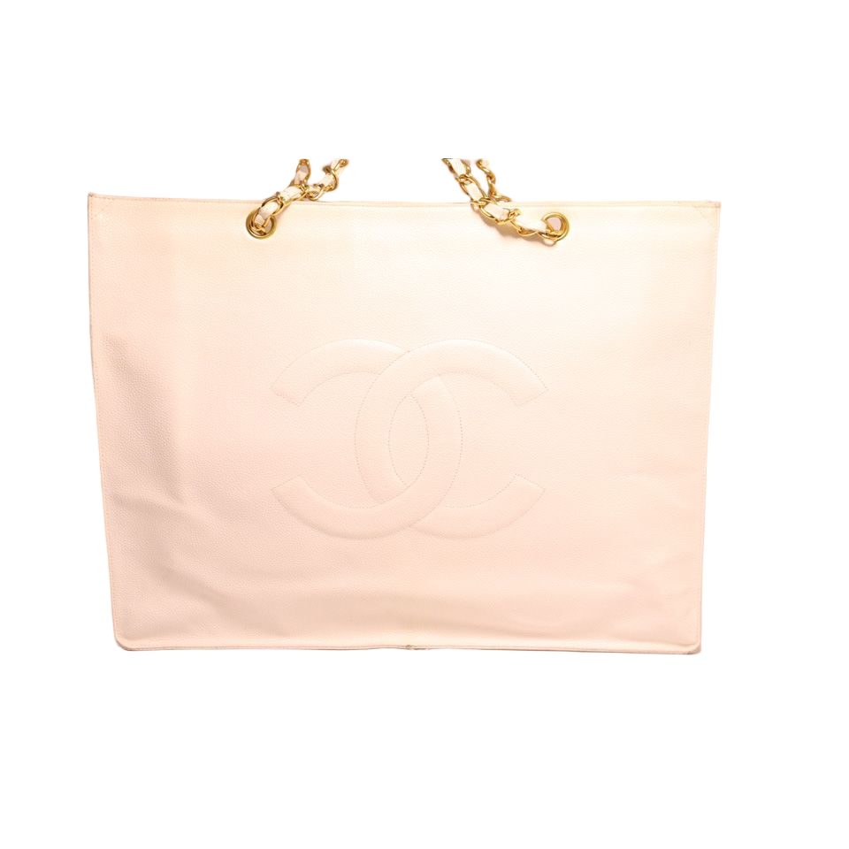 Chanel Caviar Leather Jumbo CC Logo White Chain Tote Bag