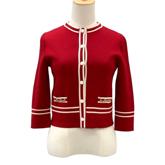 Gucci Cardigan Knit Jacket GG Jacquard Wool Red