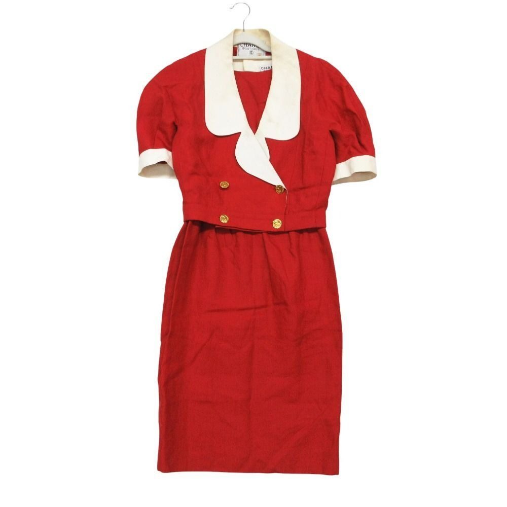 Chanel Vintage Set Cropped Jacket Double Gold Button Dress Linen 38 M Red