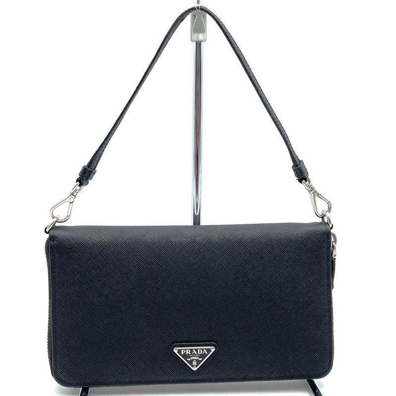 Prada 2ml051 RFID Saffiano Triangle Document Holder Long Wallet Black Ladies