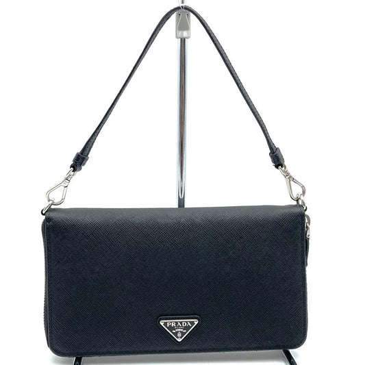 Prada 2ml051 RFID Saffiano Triangle Document Holder Long Wallet Black Ladies