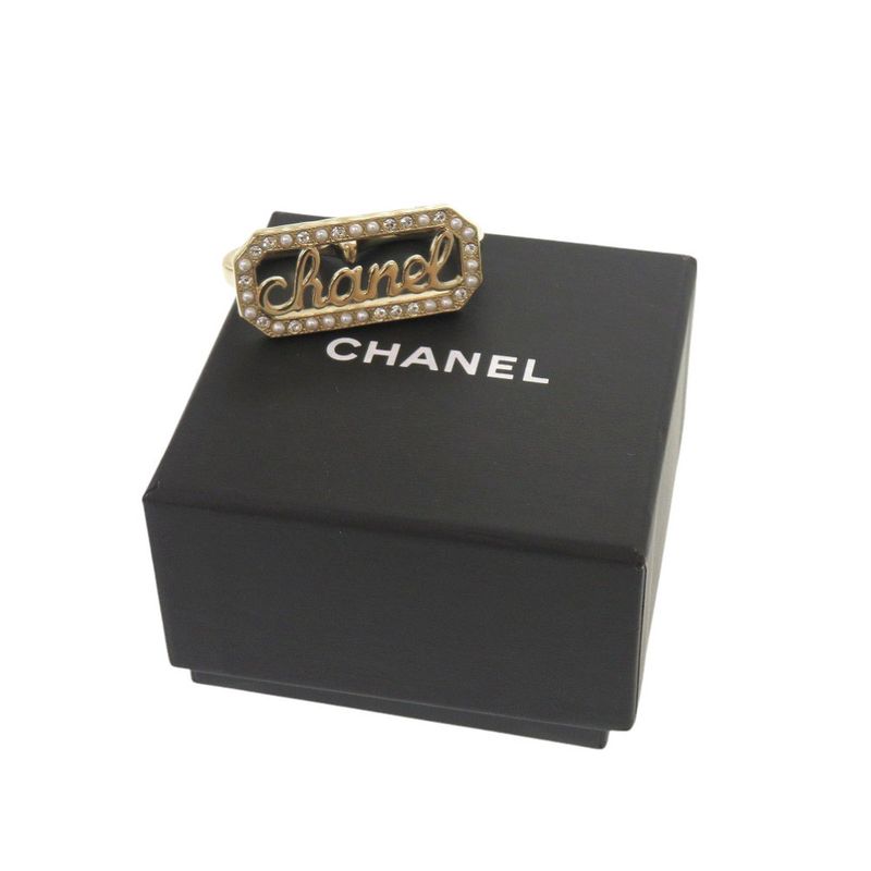 Chanel Double Finger L23B Metal Stone Faux Pearl Gold Ring 1183 Chanel