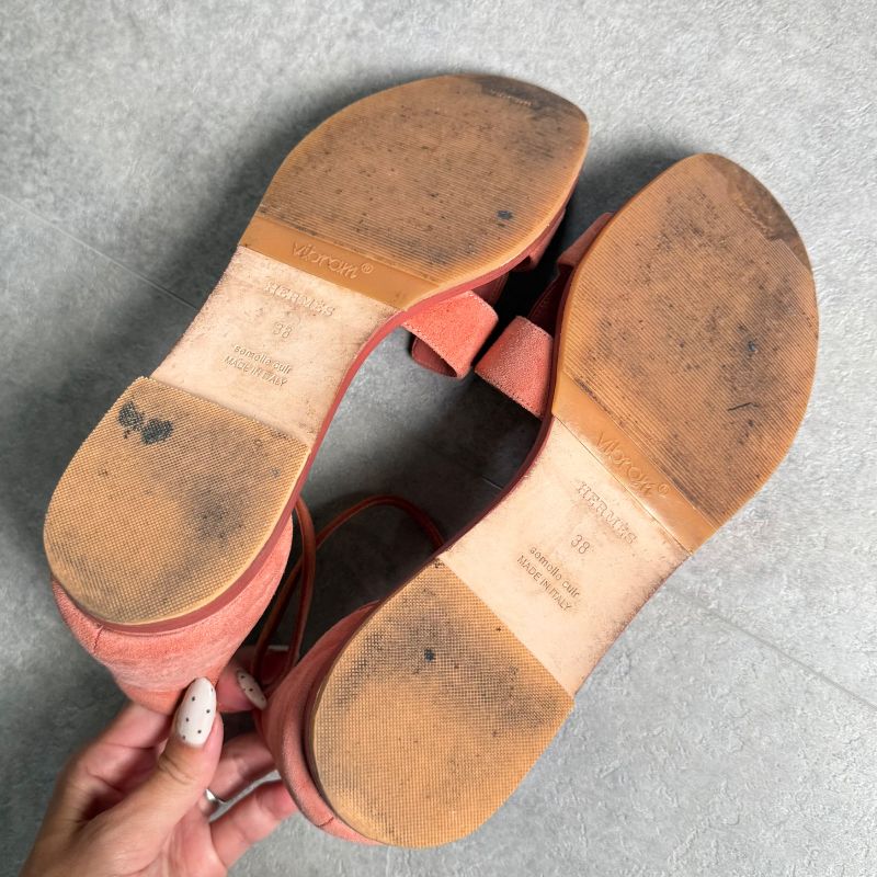 Hermes Santoni Strap Sandals Flat Shoes Coral Orange Suedeleather 38 25cm